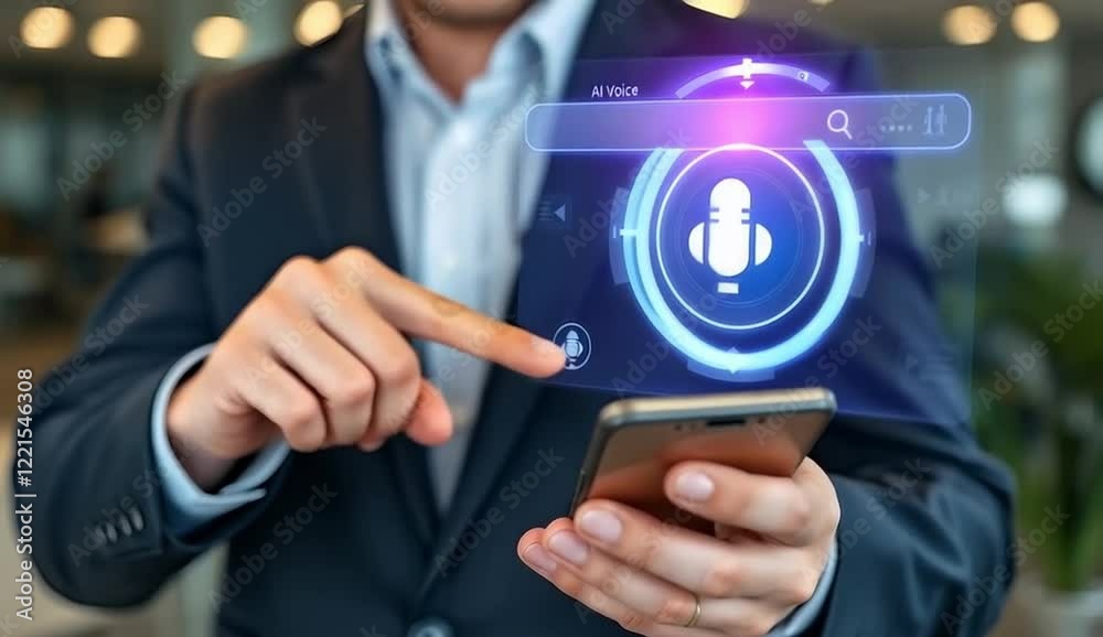 Poster ai-powered voice search: businessman using smartphone for easy information access. modern technology