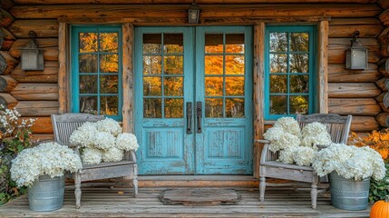 Rustic Autumn Log Cabin Porch with Hydrangeas