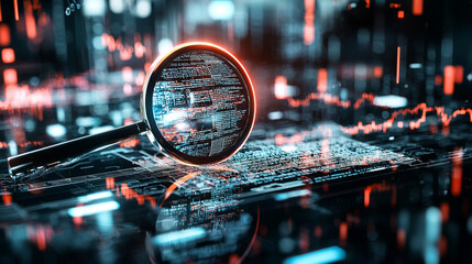 Abstract Digital Magnifying Glass Over Glowing Circuit Board and Cityscape