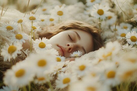 A young girl sleeps peacefully in a field of bright yellow daisies - Powered by Adobe