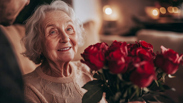 Elderly woman joyfully holding a bouquet of red roses Concept of love, happiness, and graceful aging during Valentine's Day celebration