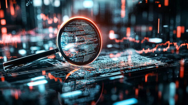 Abstract Digital Magnifying Glass Over Glowing Circuit Board and Cityscape