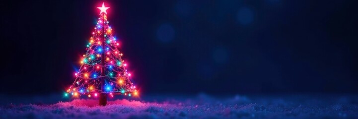 Glowing neon Christmas tree with colorful lights against a dark background, christmas, decoration