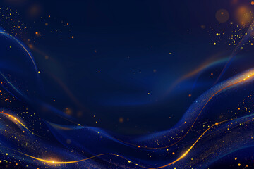 Obraz premium Dark Blue Abstract Background with Golden Particles, Dynamic Light Trails and Shimmering Texture, Futuristic Design Concept