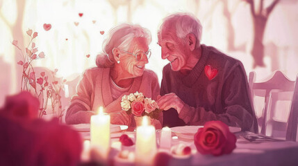 Romantic elderly couple sharing a moment over candlelit dinner with roses and hearts. Concept of love, Valentine's Day, and companionship in later years. Watercolor art illustration