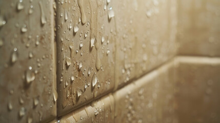 Water droplets on tiled shower walls create refreshing atmosphere
