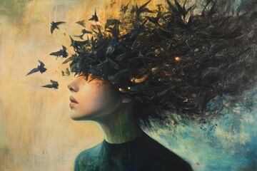 Artistic Representation of a Woman's Face Merging With Abstract Forms in a Dark, Emotive Landscape