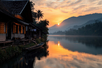 Obraz premium Sunrise over the River: A Serene Asian Landscape. Golden hour paints the sky and water with vibrant colors, reflecting on the tranquil river and traditional houses. A perfect vacation view!