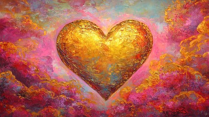 Vibrant Oil Painting of a Golden Heart Surrounded by Colorful Clouds. Concept of Love, Romance, Passion, Artistic Expression