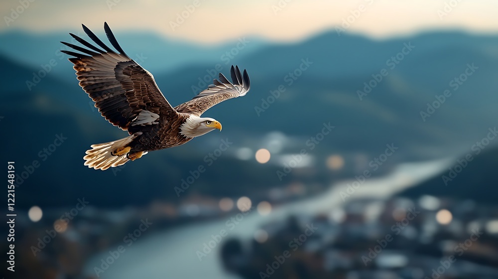 Wall mural Bald eagle soaring above river valley town, sunset