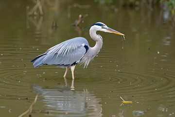 Fototapeta premium Blue heron standing in shallow pond waiting to catch fish