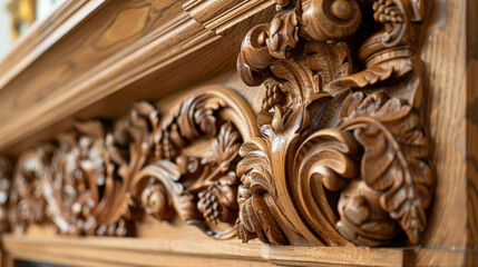 Naklejka premium Intricate wooden carvings on antique fireplace mantel showcase craftsmanship