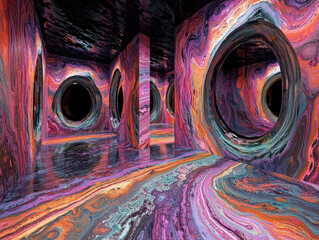 Futuristic art gallery exhibits vibrant generative AI paintings with intricate abstract designs in...