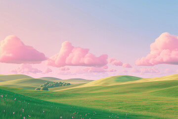 Obraz premium Rolling Summer Hills with Lush Green Grass Under a Vast Blue Sky, Serene Countryside Landscape with Gentle Slopes and Clear Horizon