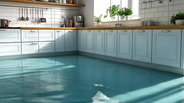 Kitchen flooded with water during daylight creates unusual indoor scenery and raises concerns about potential damage