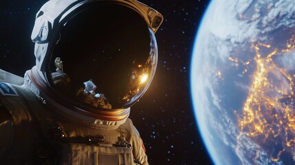 An astronaut in a spacesuit stands in front of a majestic Earth, ready for their next adventure