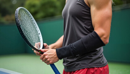 Athletic young man holding a tennis racket with a sports brace on his arm during practice