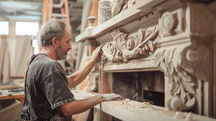 Craftsman applying finishing touches to ornate fireplace design