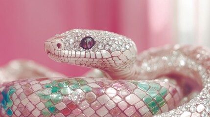 This stunning snake, lavishly adorned with dazzling diamonds, mesmerizes with its intricate design and captivating colors, evoking luxury and uniqueness.