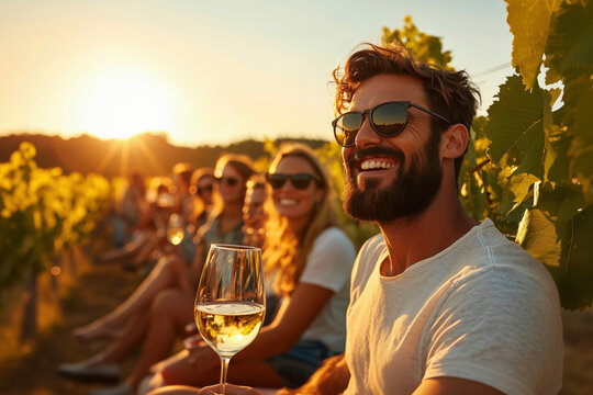 Friends Enjoying Wine Tasting at Sunset in a Vineyard: A Summer Vacation Scene