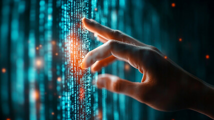 Hand Interacting With Glowing Digital Code Stream A Futuristic Technology Concept