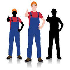 Fototapeta premium Construction Worker and Silhouette Variations Giving a Thumbs Up Gesture. Vector Flat Style Illustration Isolated On White