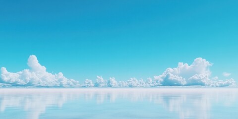 A mirage effect occurs in the center of a salt flat where the horizon merges with the brilliant blue sky giving the appearance of shimmering water across the ground creating an optical illusion