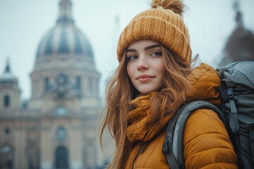 A person wearing a backpack and hat on an outdoor adventure