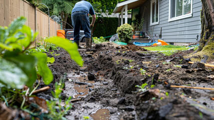 Preparing yard for workers after storm damage with muddy soil