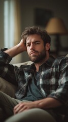 Obraz premium Young man relaxing on couch battling fatigue in cozy home setting