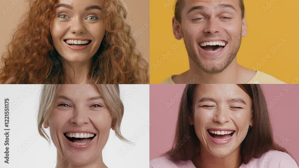 Poster Four individuals with distinct features joyfully smile at the camera, showcasing their happiness. Each person is set against colorful backgrounds, reflecting diversity and positivity.