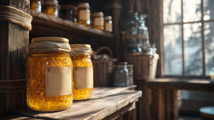 In a warm and inviting shop, artisanal honey jars gleam under soft light