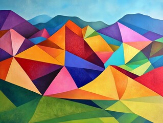 Fototapeta premium This artwork presents a mesmerizing geometric interpretation of a mountain landscape, consisting of overlapping colorful polygons evoking a vibrant and modern aesthetic.