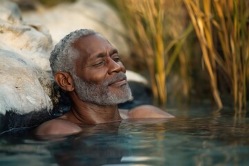 A Black man in his 50s enjoys the soothing embrace of a natural pool surrounded by lush grasses and rocks. His eyes are closed showcasing a moment of peace and relaxation