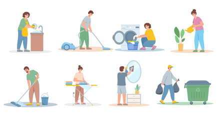 Fototapeta premium Set of Cleaning Home characters. People doing housework. Washing Dishes and mirror, Vacuuming Carpet and ironing clothes, taking out trash and watering flowers. Vector illustration on white.
