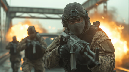 Fototapeta premium Amid explosions, a group of young warriors charge forward on a smoky battlefield