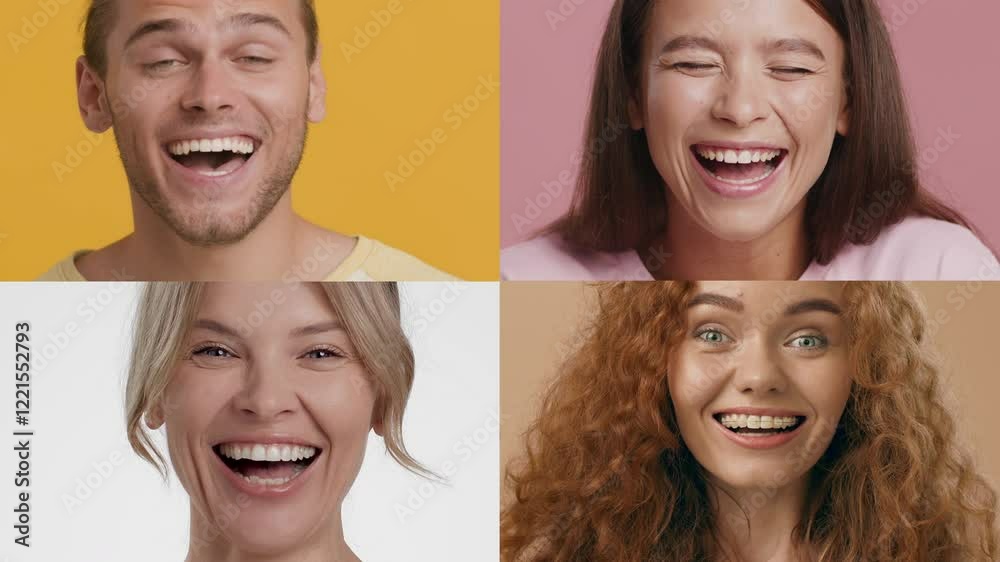 Poster Four people of different backgrounds share infectious smiles and laughter. They are positioned against vibrant solid colors, creating a lively atmosphere filled with positivity.