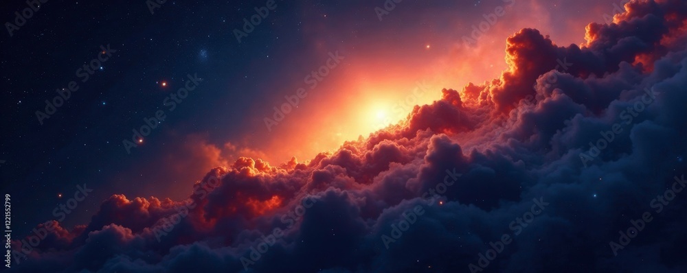 Wall mural Glowing orange nebula against a dark blue background with twinkling stars, cosmos, astrophotography, space