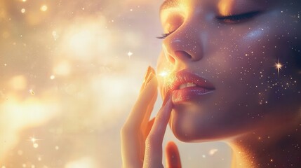 A high-fashion model applies glowing serum to her face, soft golden light illuminating her skin, surrounded by floating particles, with a dreamy background of soft clouds.