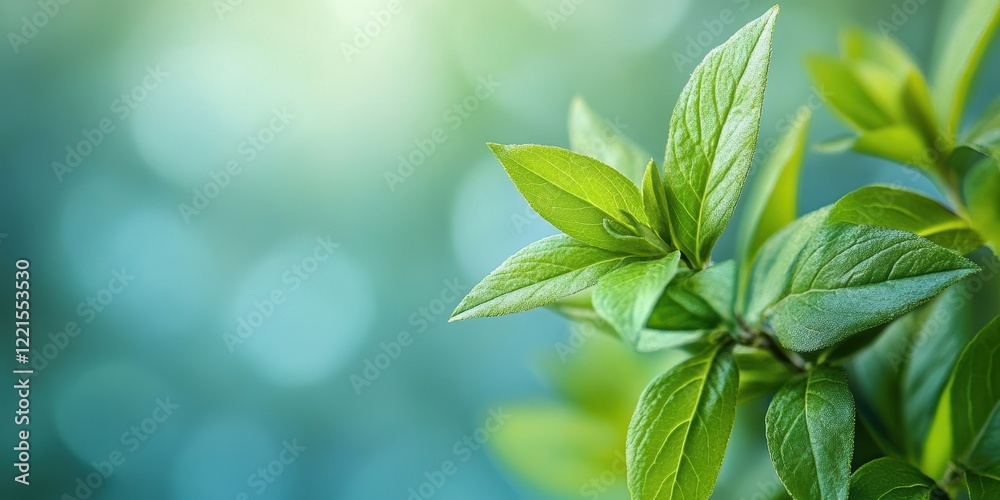 Wall mural Close-up view of vibrant green leaves with a soft, blurred background showcasing the intricate details and textures in bright sunlight ambiance