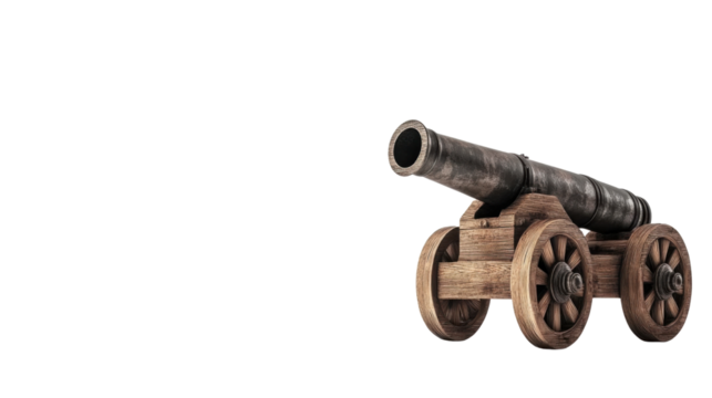 Ancient cannon on wheels on transparent background 