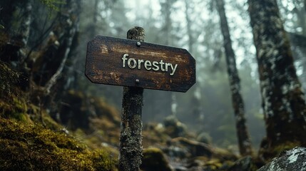 Nature's tranquil path captured through a misty forest with a rustic wooden signpost symbolizing forestry, surrounded by lush greenery and towering trees.