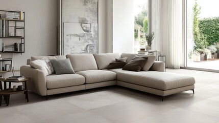 Fototapeta premium Modern Minimalist Living Room Featuring a Light-Colored Sectional Sofa and Contemporary Decor in a Serene Indoor Space