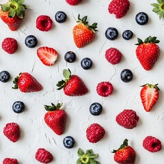 A visually pleasing assortment of strawberries, raspberries, and blueberries arranged on a textured white background, showcasing freshness and vibrancy.