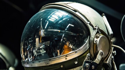 Fototapeta premium An intricate close-up of a vintage astronaut helmet showcasing the stunning reflections and details, ideal for space exploration enthusiasts and collectors alike.