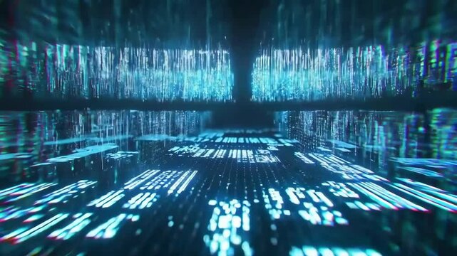 Digital information flowing through cyberspace with glitch effect - Powered by Adobe