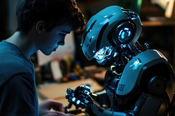 Fototapeta premium A curious child observing a robot in a dimly lit environment