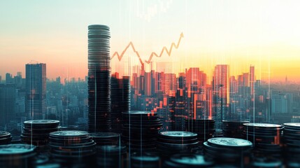 Stacks of coins form a bar chart illustrating business growth against a backdrop of a bustling city skyline. A rising arrow suggests an upward trend with a vibrant sunset in the background