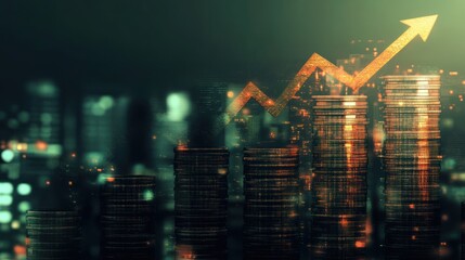 Display of business growth through a bar chart formed by stacks of coins accompanied by a rising arrow against a backdrop of a modern city skyline. The image illustrates economic progress