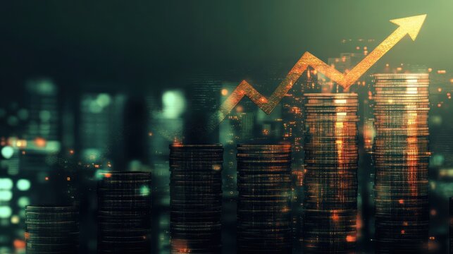 Display of business growth through a bar chart formed by stacks of coins accompanied by a rising arrow against a backdrop of a modern city skyline. The image illustrates economic progress